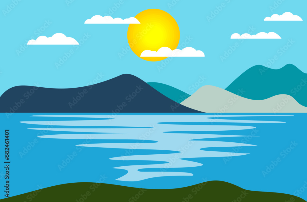 Sunny summer day over rocky sea bay. Vector background