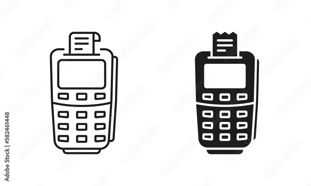 Finance Terminal for Cashless Payment Silhouette and Line Icon Set. Pos with Pay Receipt Pictogram. Electronic Money Transaction Bank Machine Symbol. Editable Stroke. Isolated Vector Illustration Finance Terminal for Cashless Payment Silhouette and Line Icon Set. Pos with Pay Receipt Pictogram. Electronic Money Transaction Bank Machine Symbol. Editable Stroke. Isolated Vector Illustration