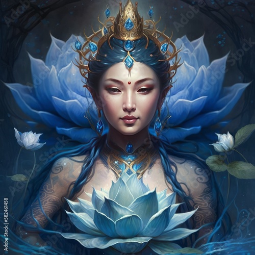Fototapeta goddess quan yin rising from a blue lotus generative AI