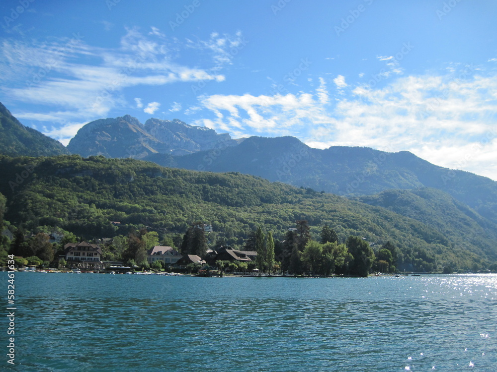 Scenic morning view of lake and mountains in Annecy, Haute Savoie, France.

