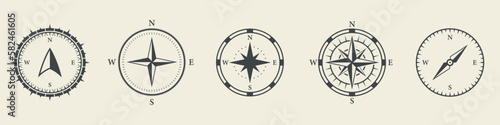 Windrose Silhouette Icon Set. Compass Nautical Navigator Cartography Glyph Pictogram. Rose Wind Navigator Icon. Adventure Direction to North South West East Sign. Isolated Vector Illustration