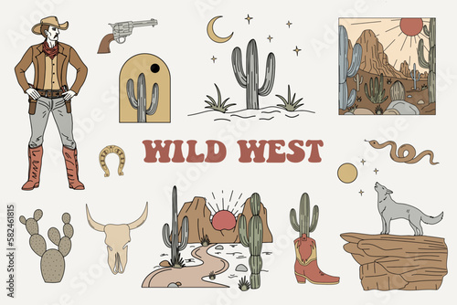 Wild west cartoon icons set. desert landscape with mountains and cactus, coyote, cowboy. retro vector illustration