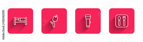 Set line Bed, Marshmallow on stick, Flashlight and Fork and spoon with long shadow. Red square button. Vector