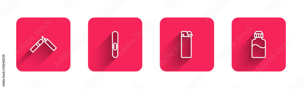 Set line Broken cigarette, Cigar, Lighter and Vape liquid bottle with long shadow. Red square button. Vector Set line Broken cigarette, Cigar, Lighter and Vape liquid bottle with long shadow. Red square button. Vector