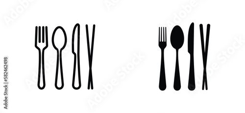Fork, spoon, knife, and chopsticks icon. Cutlery icon set in line and flat style. Dinnerware icon symbol. Restaurant sign and symbol. Vector illustration