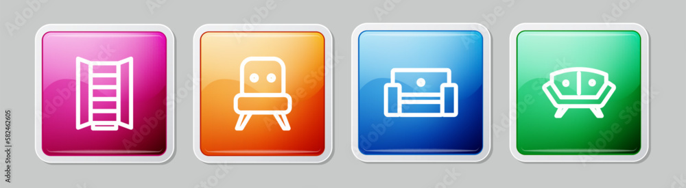 Set line Wardrobe, Armchair, and Sofa. Colorful square button. Vector Set line Wardrobe, Armchair, and Sofa. Colorful square button. Vector