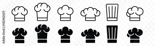 Chef hat icon set. Restaurant sign and symbol. A chef's hat icon collection in line and flat style. Vector illustration