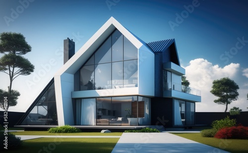 real estate or property Luxury modern house with blue sky background, Street of suburban homes © aimart