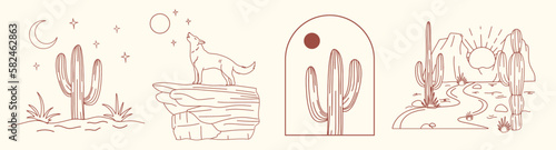 Wild west desert landscape set with mountains and cactus, coyote. retro cartoon vector illustration