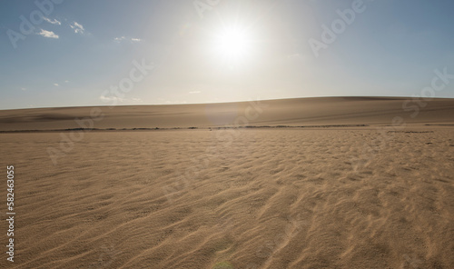 Barren desert landscape in hot climate with sand dunes