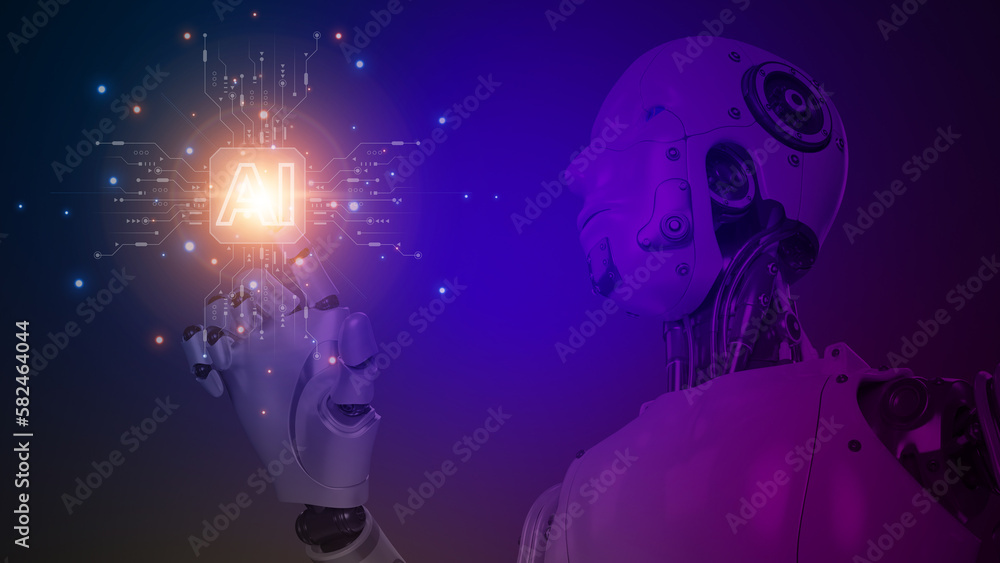 Robot shows AI icon provide access information, digital chat bot concept. Artificial intelligence, machine learning concept, big data, cloud computing, computer network and innovation technology Robot shows AI icon provide access information, digital chat bot concept. Artificial intelligence, machine learning concept, big data, cloud computing, computer network and innovation technology