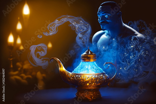 Lamp of wishes magic light blue smoke coming out of the bottle and a blue genie with the appearance of a male genie who grants three wishes. Generative AI photo