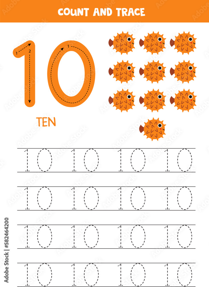 Trace numbers. Number 10 ten. Cute cartoon blowfish. Stock Vector ...