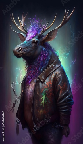 Anthropomorphic Elk, Gutter Punk, dressed i spiked leather jacket, portrait. Generative AI. photo