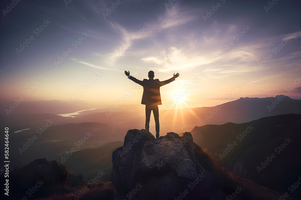 Man standing at top of mountain as sun begins to set. Success Business Leadership. Goals, hopes and aspirations concept. Illustration ai generative
