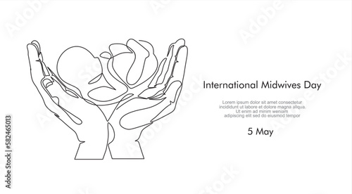 International midwives day. Continuous one line drawing of hands holding a newborn baby. Concept of protect child, save child.
