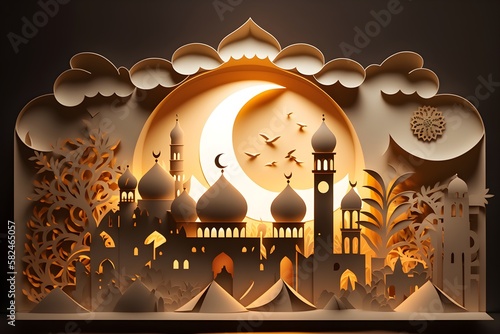 Artistic illustration of month Ramadan and Eid al Fitr Generative AI