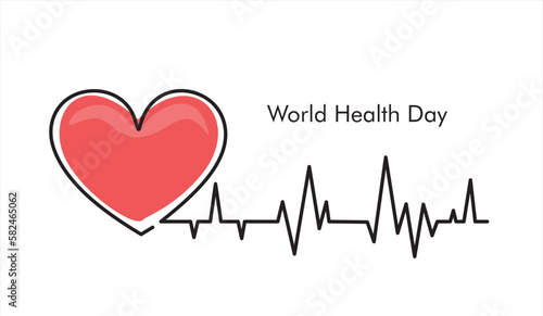 World health day. Continuous one line drawing of heart and pulse on white background.