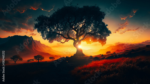 Beautiful summer landscape with a lonely tree