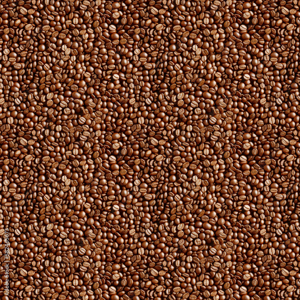 Beautiful background of coffee beans. Seamless pattern of whole roasted coffee beans. Generative AI.
