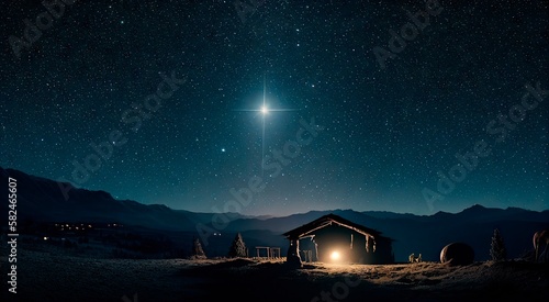 Stampa su tela The star shines over the manger of Christmas of Jesus Christ