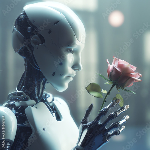 Female robot with the rose in her hand. Fanrasy scene photo