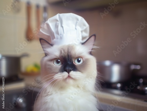 Portrait of a white ragdoll cat as chef in kitchen