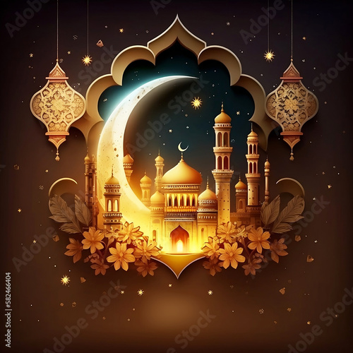 Islamic ramadan kareem greeting card design background with beautiful golden mosque and lantern