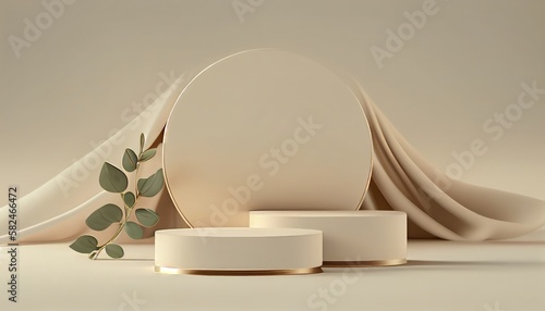 A 3D beige podium display mockup for presenting beauty and cosmetic products in a feminine setting. Perfect for showcasing products. Generative ai technology