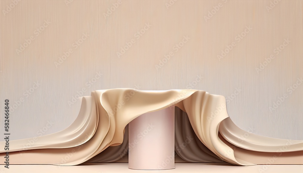 Obraz premium A luxurious 3D podium with a nude silk curtain billowing in the wind against a beige backdrop. Perfect for showcasing beauty and cosmetic products. Generative ai