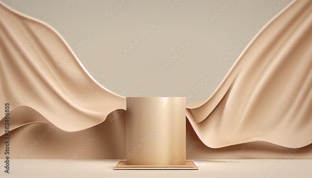 A luxurious 3D podium with a nude silk curtain billowing in the wind against a beige backdrop. Perfect for showcasing beauty and cosmetic products. Generative ai A luxurious 3D podium with a nude silk curtain billowing in the wind against a beige backdrop. Perfect for showcasing beauty and cosmetic products. Generative ai