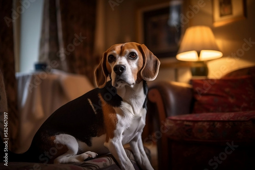 The Beagle dog sitting on a couch at home