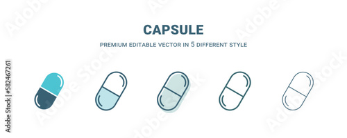 capsule icon in 5 different style. Outline, filled, two color, thin capsule icon isolated on white background. Editable vector can be used web and mobile