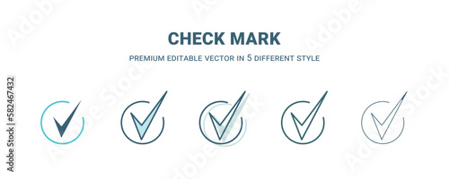 check mark icon in 5 different style. Outline, filled, two color, thin check mark icon isolated on white background. Editable vector can be used web and mobile