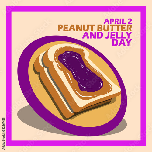 Two slices of bread topped with peanut butter and grape jelly on plate with bold text in frame on light brown background to celebrate National Peanut Butter and Jelly Day on April 2