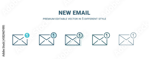 new email icon in 5 different style. Outline, filled, two color, thin new email icon isolated on white background. Editable vector can be used web and mobile