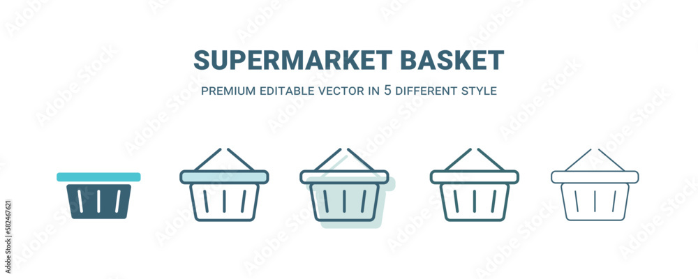 supermarket basket icon in 5 different style. Outline, filled, two color, thin supermarket basket icon isolated on white background. Editable vector can be used web and mobile supermarket basket icon in 5 different style. Outline, filled, two color, thin supermarket basket icon isolated on white background. Editable vector can be used web and mobile