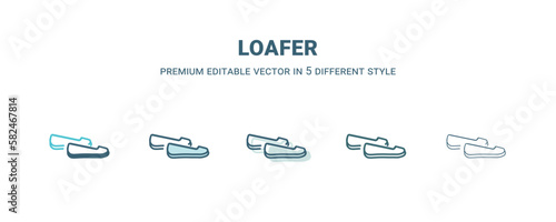 loafer icon in 5 different style. Outline, filled, two color, thin loafer icon isolated on white background. Editable vector can be used web and mobile