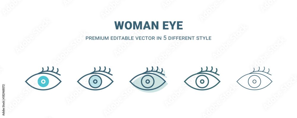 woman eye icon in 5 different style. Outline, filled, two color, thin woman eye icon isolated on white background. Editable vector can be used web and mobile woman eye icon in 5 different style. Outline, filled, two color, thin woman eye icon isolated on white background. Editable vector can be used web and mobile