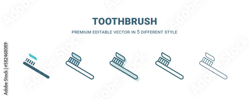 toothbrush icon in 5 different style. Outline, filled, two color, thin toothbrush icon isolated on white background. Editable vector can be used web and mobile