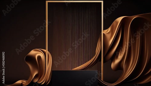 3D background. Podium display mockup. Brown silk cloth in motion. Gold frame for Beauty, product, cosmetic presentation. Feminine scene with pedestal.  Generative AI Technology