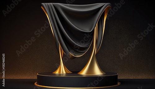3D background. Podium display mockup. Gold silk cloth in motion. Gold frame for Beauty, product, cosmetic presentation. Feminine scene with pedestal. Generative AI Technology