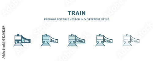 train icon in 5 different style. Outline, filled, two color, thin train icon isolated on white background. Editable vector can be used web and mobile