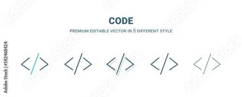 code icon in 5 different style. Outline, filled, two color, thin code icon isolated on white background. Editable vector can be used web and mobile