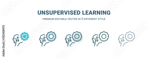 unsupervised learning icon in 5 different style. Outline, filled, two color, thin unsupervised learning icon isolated on white background. Editable vector can be used web and mobile