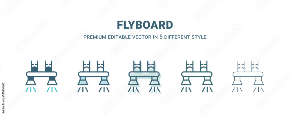 flyboard icon in 5 different style. Outline, filled, two color, thin flyboard icon isolated on white background. Editable vector can be used web and mobile flyboard icon in 5 different style. Outline, filled, two color, thin flyboard icon isolated on white background. Editable vector can be used web and mobile