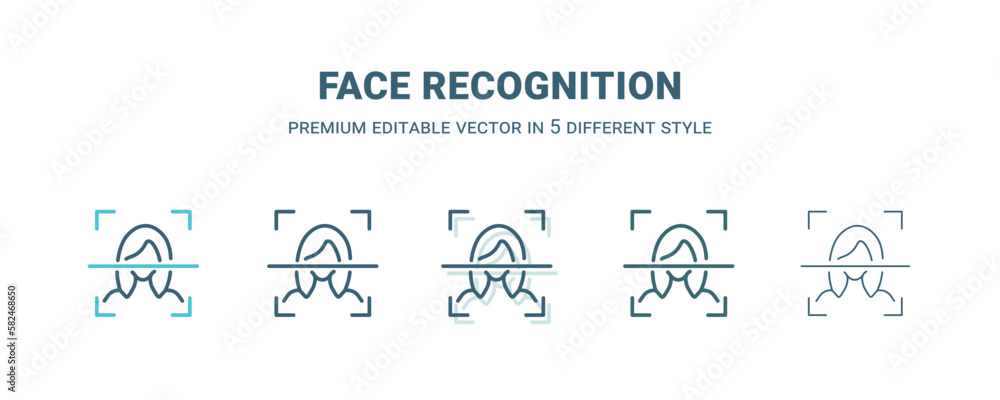 face recognition icon in 5 different style. Outline, filled, two color, thin face recognition icon isolated on white background. Editable vector can be used web and mobile