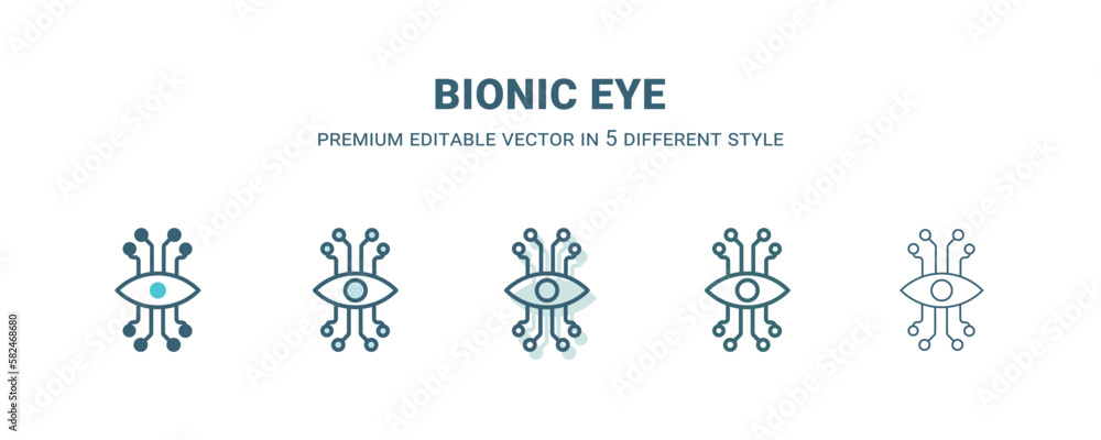 bionic eye icon in 5 different style. Outline, filled, two color, thin bionic eye icon isolated on white background. Editable vector can be used web and mobile
