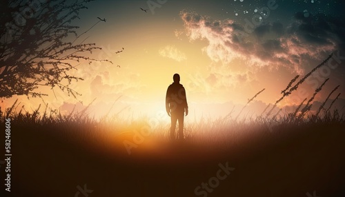 A Man Standing In A Field Looking At The Sunset. Generative AI Illustration © Digitale Wanderlust