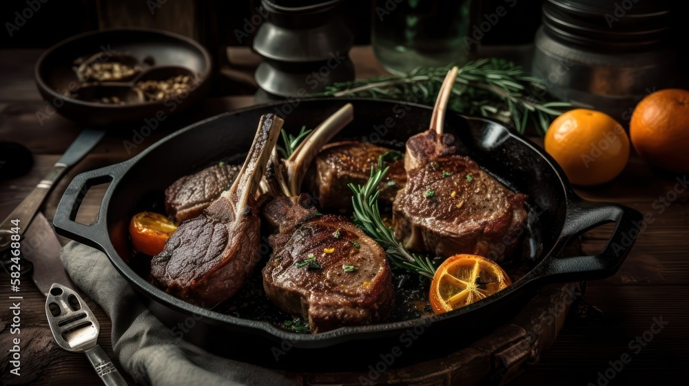 Fototapeta premium Grilled lamb chop on cast iron pan, generative ai